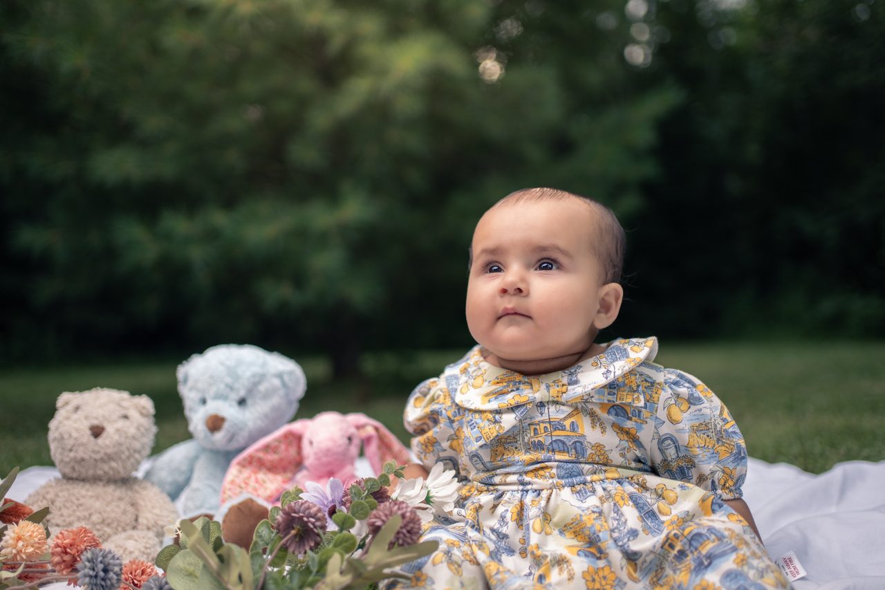 A baby in a printed dress sits on a blanket and looks up, with three soft toys and flowers beside the baby.